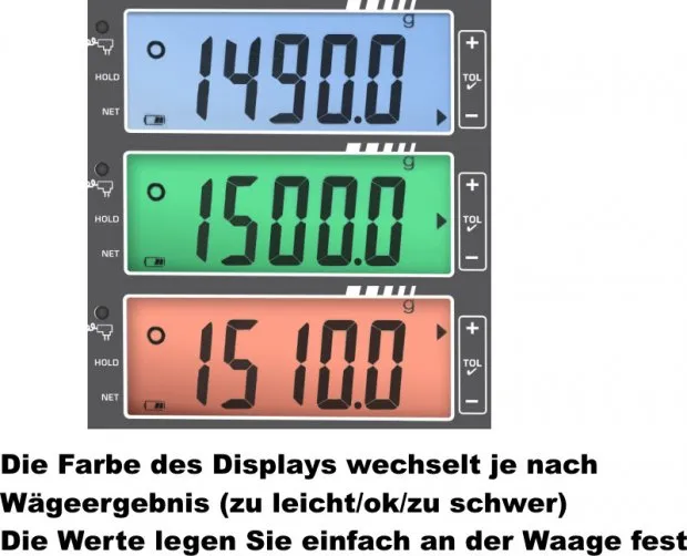 Checkweigh Funktion- Farbe des Displays wechselt je nach Wägeergebnis