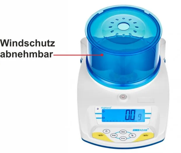 Abbildung zeigt die weiss/ blaue ADAM HCB1002M Apothekenwaage mit dem abnehmbaren Windschutz
