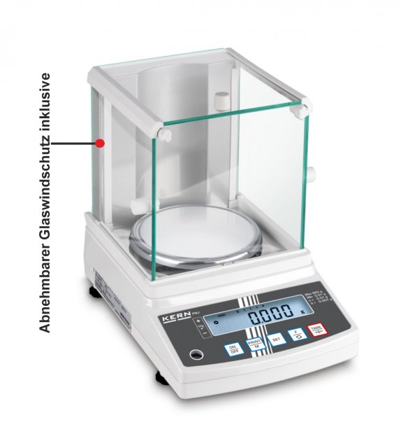 Detailansicht KERN PNJ600-3M mit abnehmbarmem Windschutz aus Glas für feinste Wiegungen unter Laborbedigungen