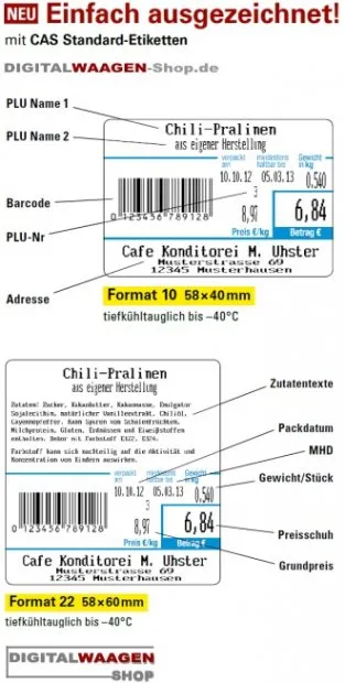 Abbildung zeigt Beispiele für mögliche Etikettendrucke der Etikettierwaage CL5200 von CAS