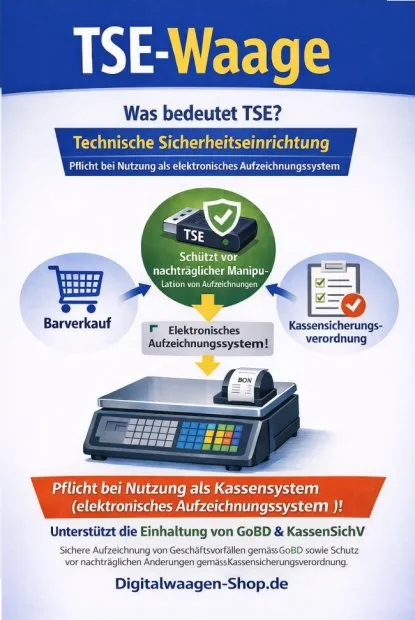 Abbildung zeigt ERklärung zu TSE Waagen. TSE= Technische Sicherheitseinrichtung. Grundlage ist die Kassensicherungsverordnung.