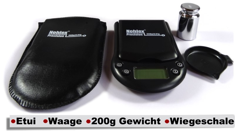 Nohlex Digitalwaage mit 200g Gewicht Etui und Wiegeschale