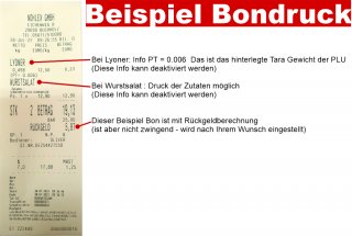 Beispiel Bondruckende Waage. Bondruck mit Zutaten und Rückgeldberechnung
